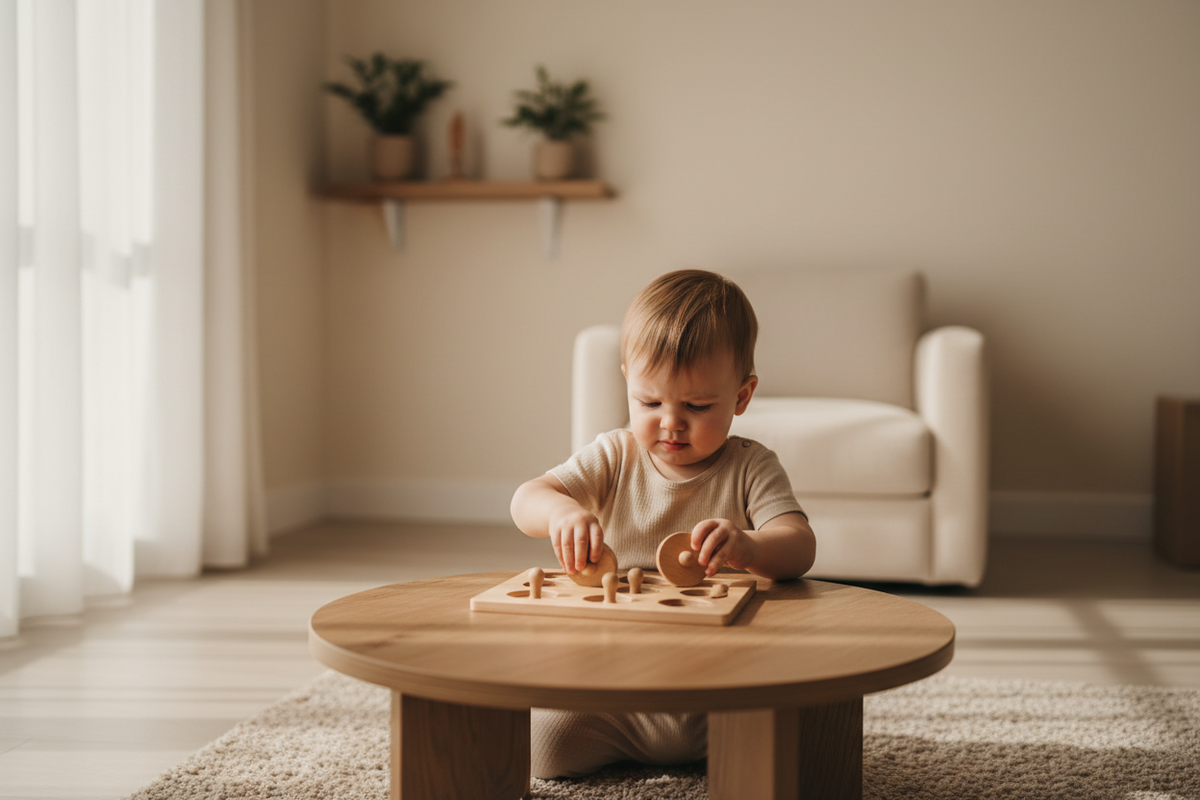 Preschool child concentrating on a wooden puzzle at a table