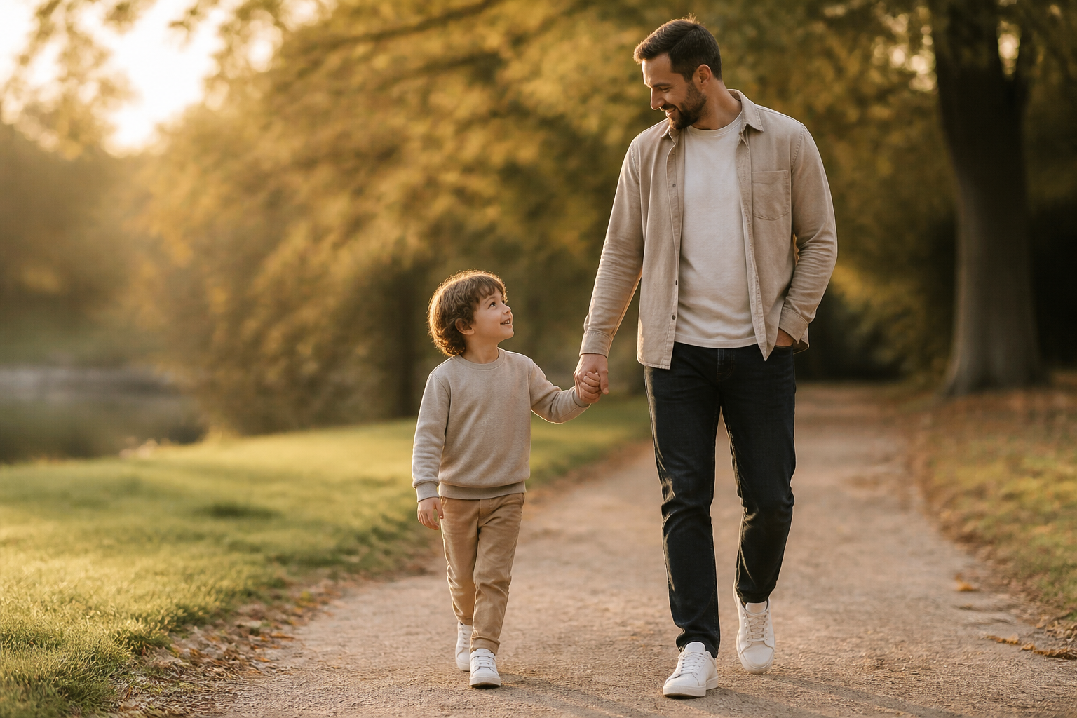 A father walking hand in hand with his young son at golden hour