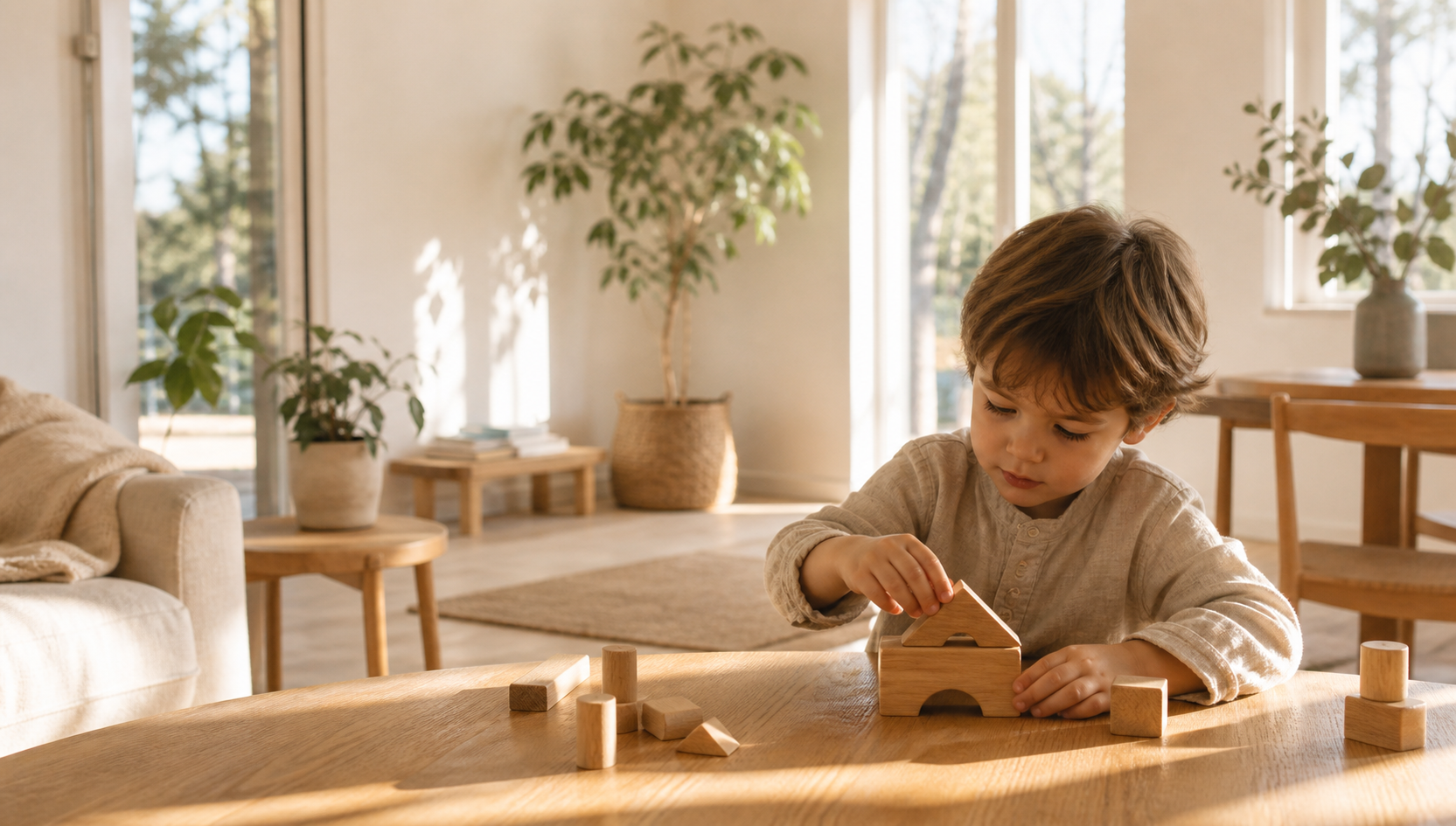 A preschool child deeply focused on building wooden blocks in a warm home