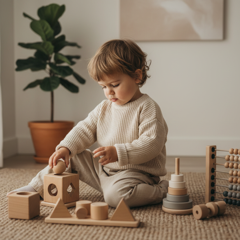 Preschool child playing independently with wooden toys in a calm room