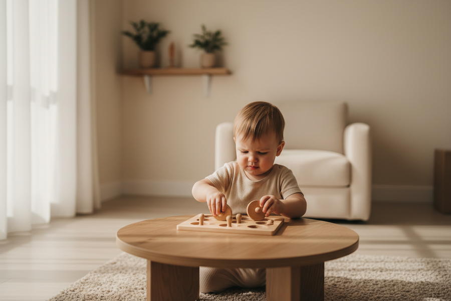 Preschool child concentrating on a wooden puzzle at a table
