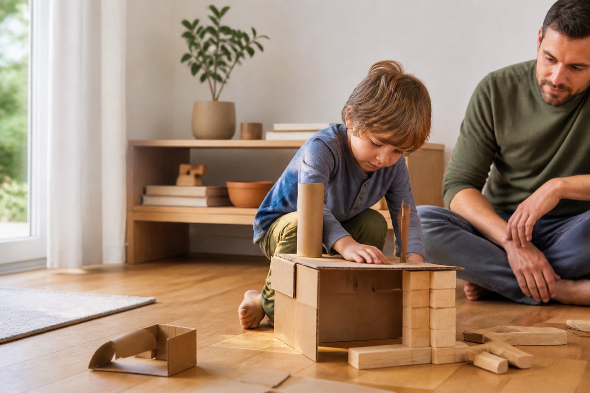 Preschool child turning a quiet moment into imaginative cardboard play with a parent nearby