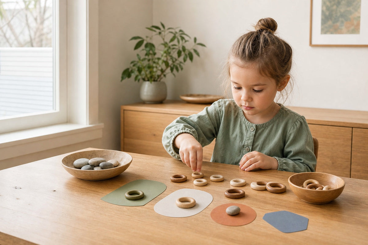 Preschool child sorting natural objects during a calm screen-free activity