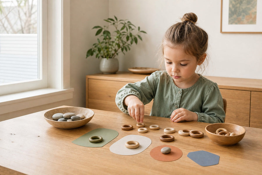 Preschool child sorting natural objects during a calm screen-free activity