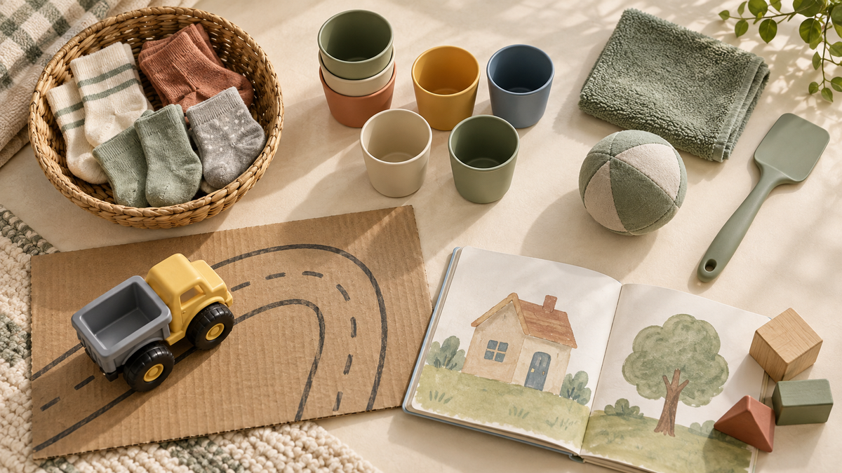 Five low-setup play ideas arranged with socks, cups, household objects, cardboard road, and a picture book