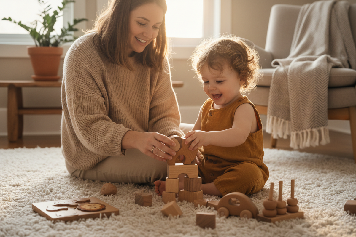 Parent and child beginning a calm wooden play activity together