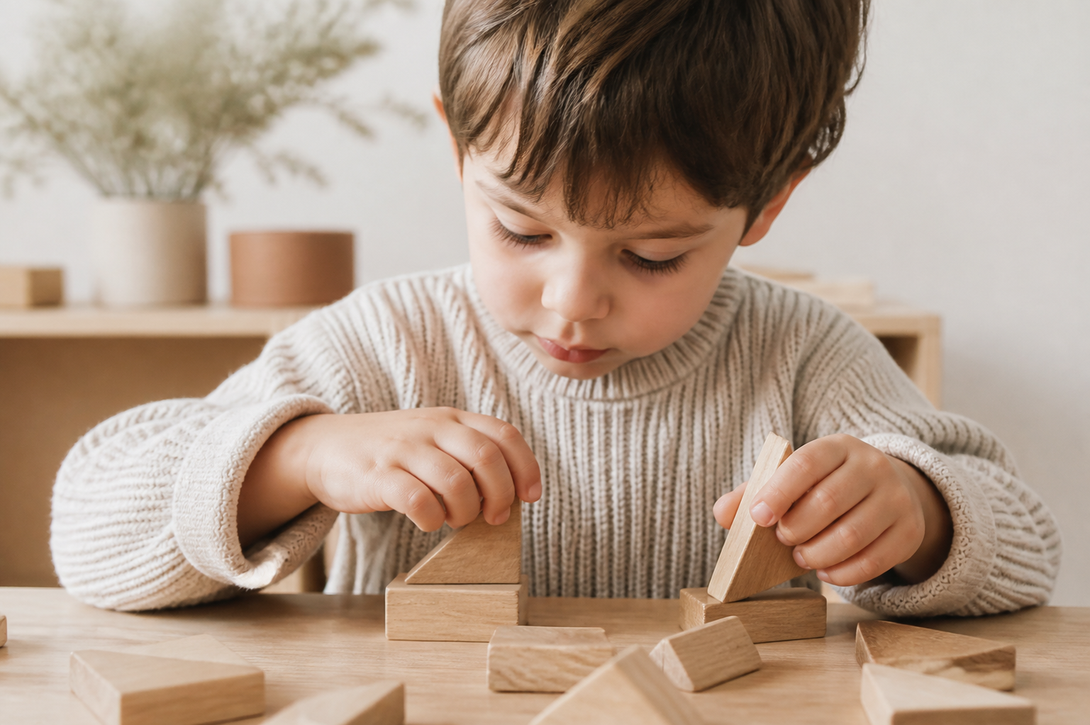 A preschool child concentrating while arranging wooden shapes