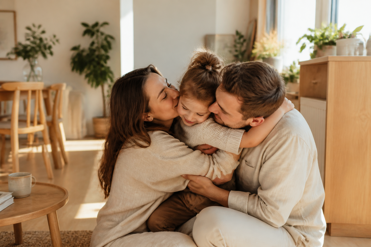 Parents hugging their preschool child in a bright Scandinavian home