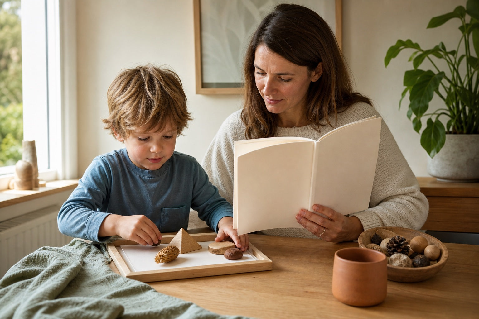 A parent using a simple activity guide while a child begins a screen-free play invitation