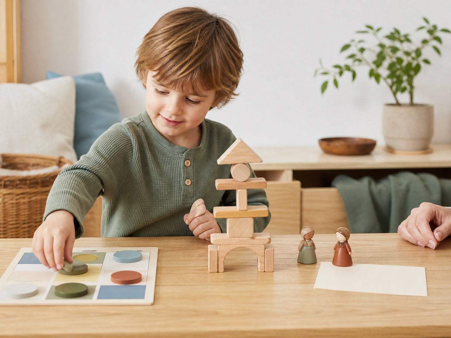 A preschool child progressing from matching to building and imaginative play