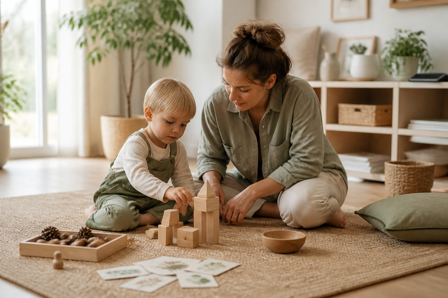 A parent and child playing with natural materials in a calm home