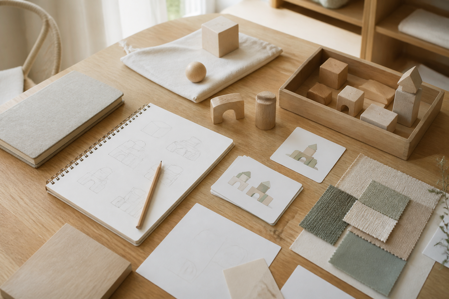 Early EachKin play kit prototypes on a calm wooden studio desk