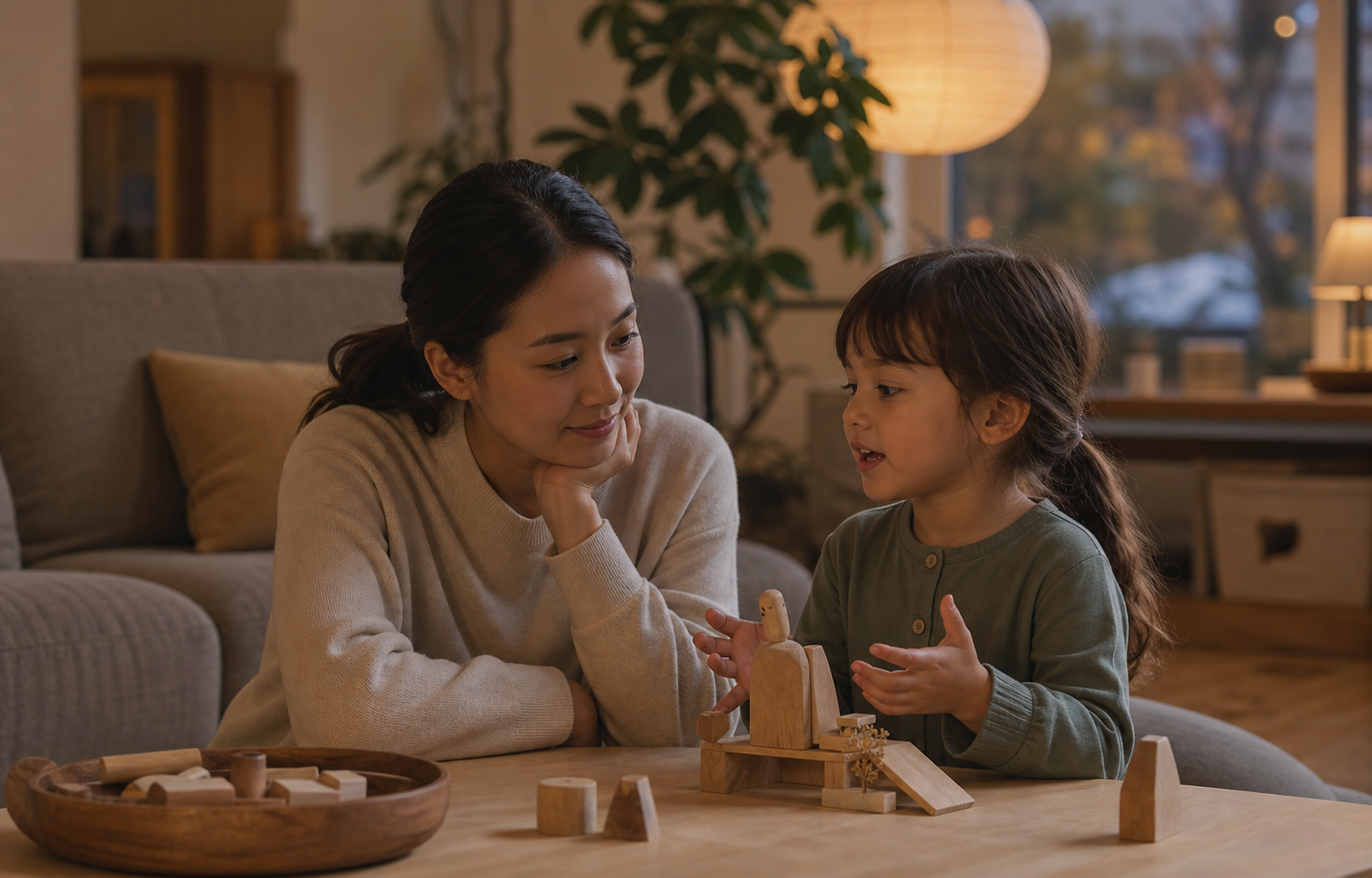 A parent and child sharing a warm screen-free play conversation