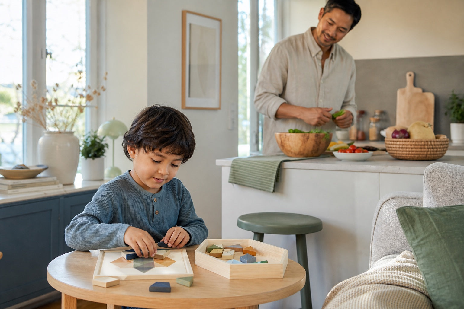 A child working on a calm pattern activity while a parent prepares dinner nearby