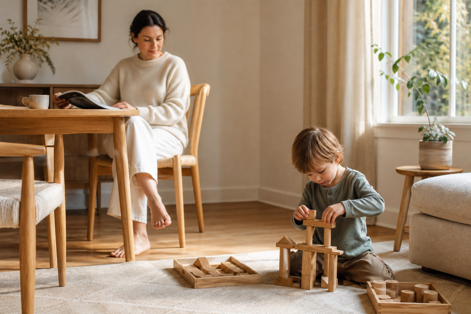 A child building independently while a parent observes nearby in a calm home