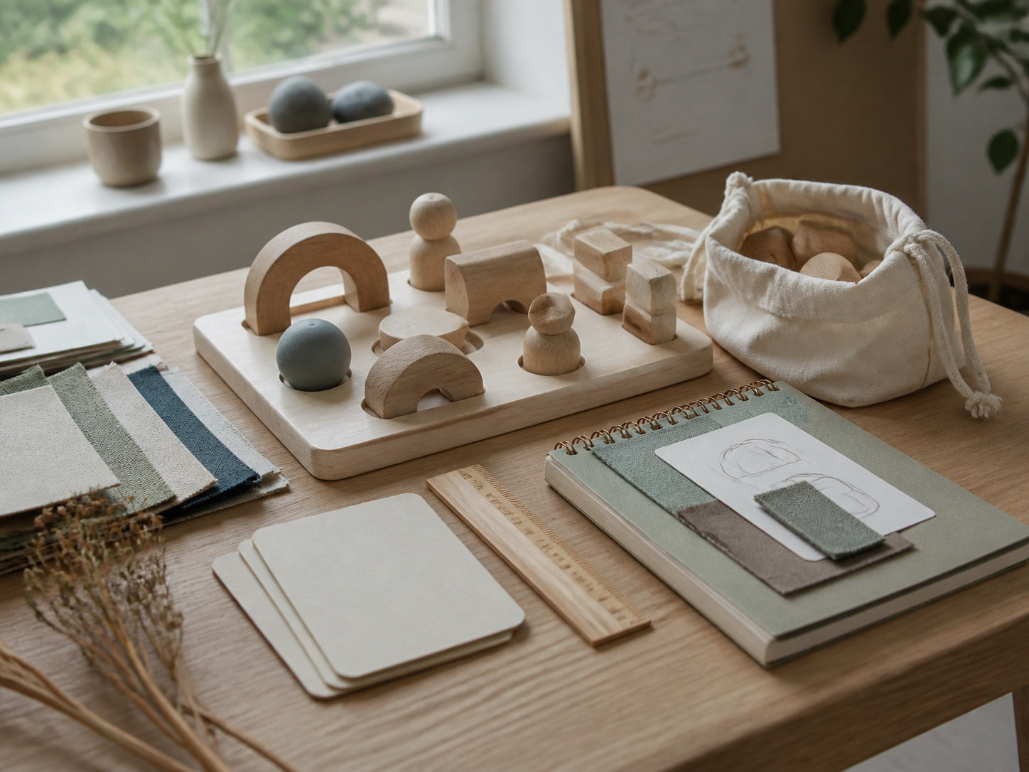Thoughtfully arranged play prototypes, materials and parent guidance in the EachKin studio