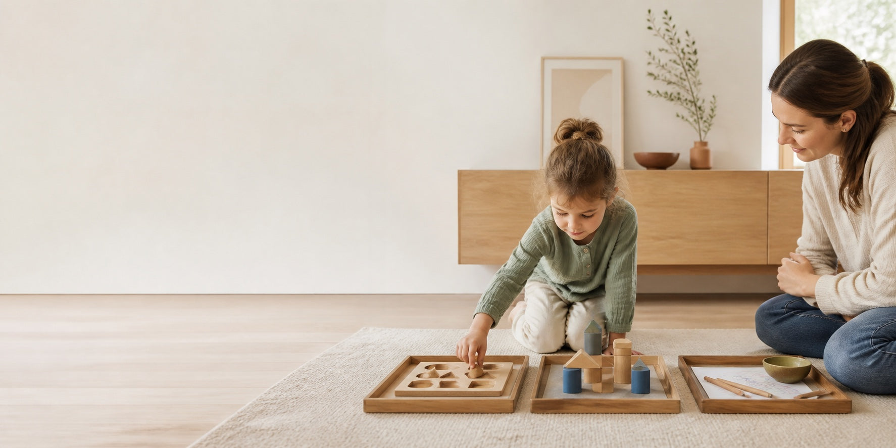 A child choosing between three calm focused play activities with a parent nearby