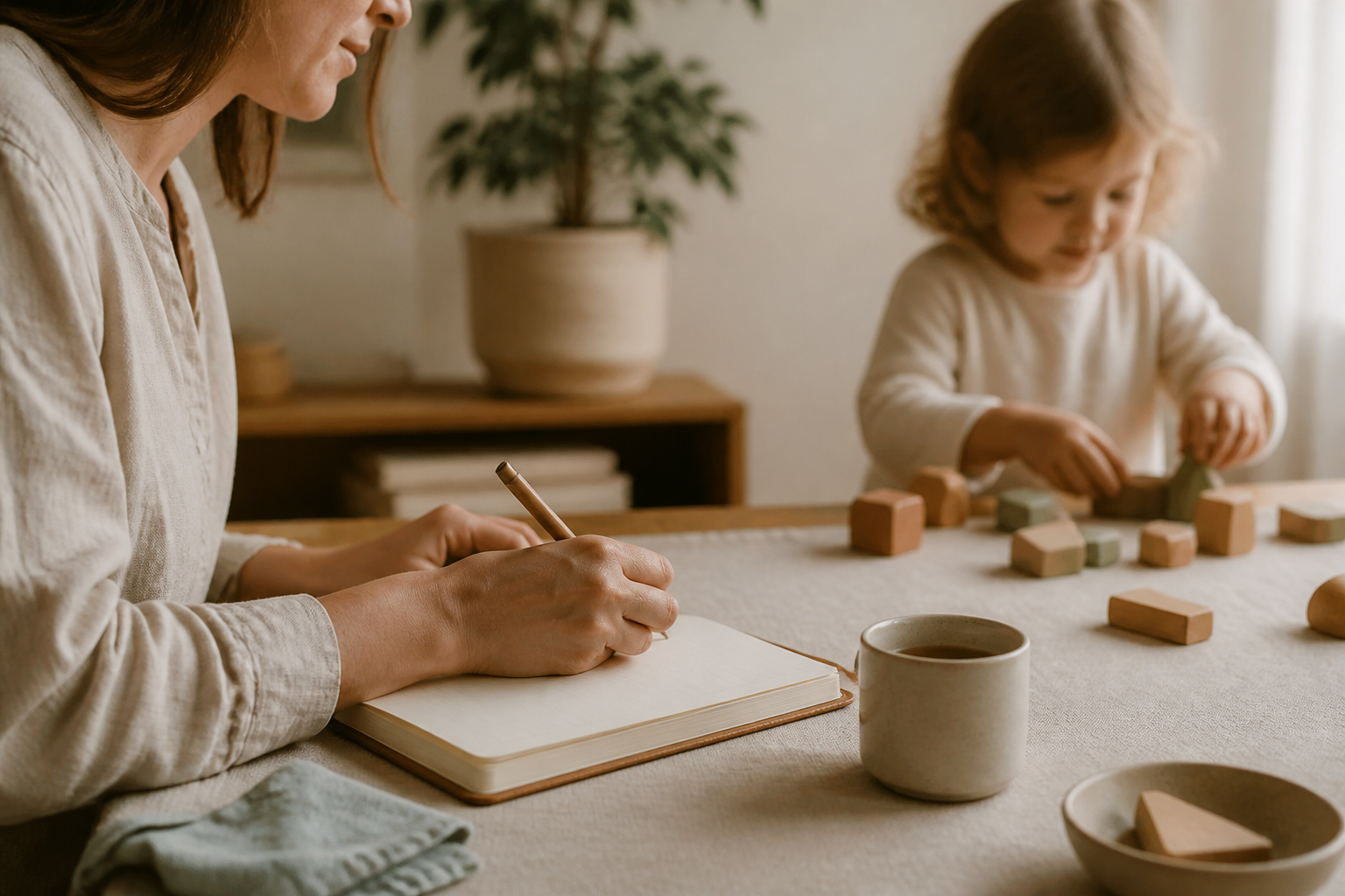 A parent writing play notes while a child plays independently nearby