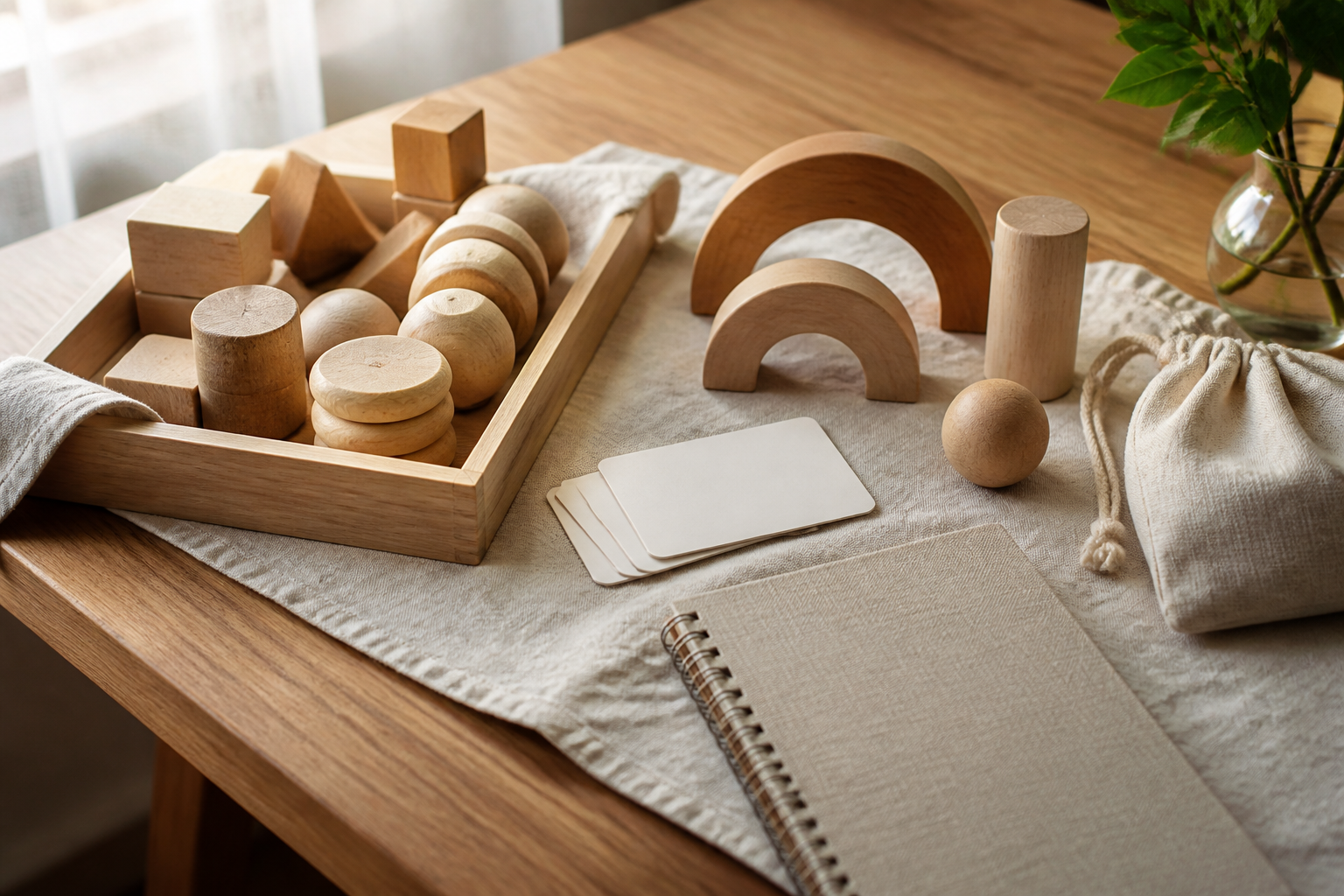 Natural wooden play materials and blank prompt cards arranged on linen