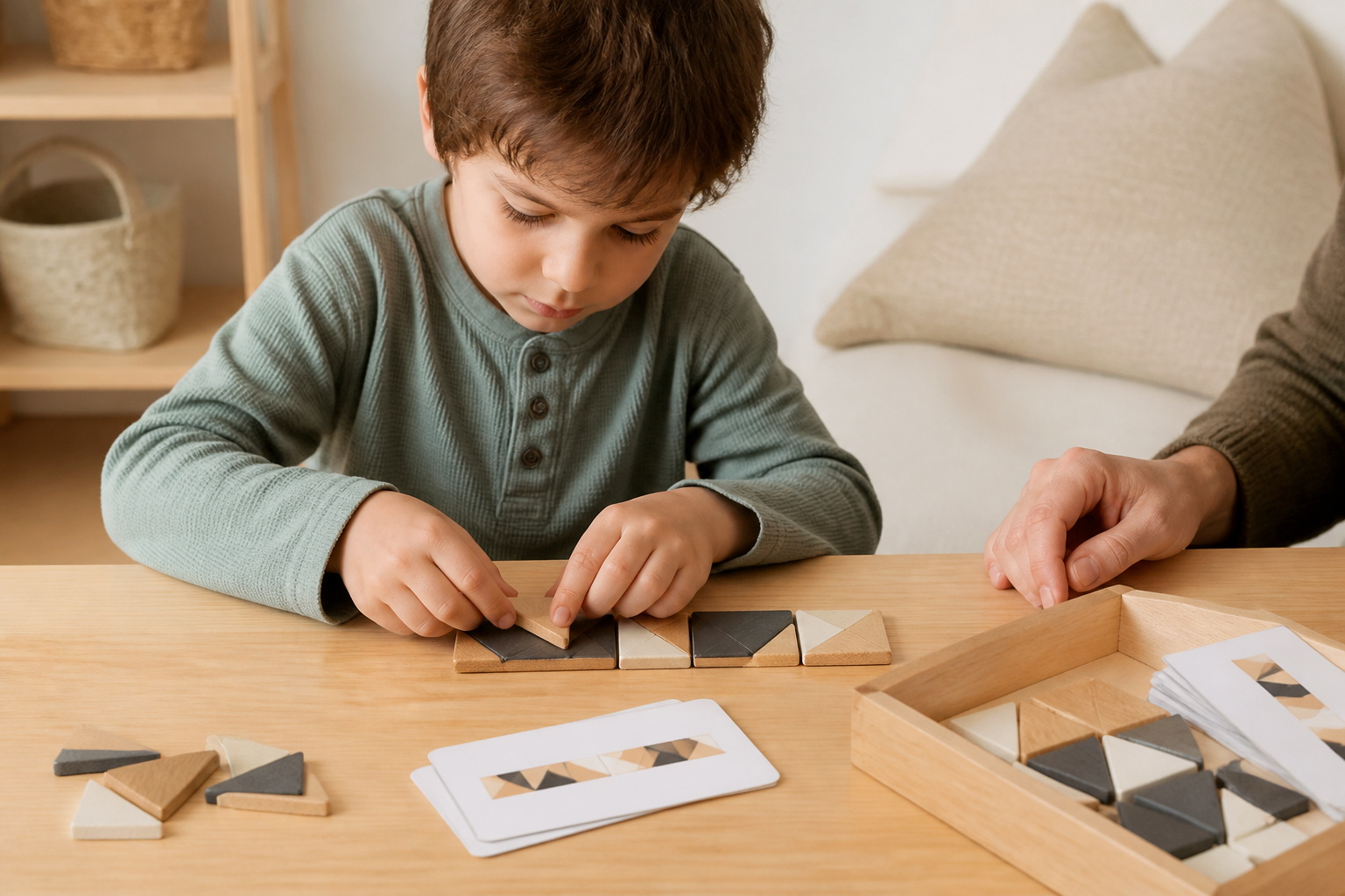A child focused on arranging wooden shapes with a parent nearby