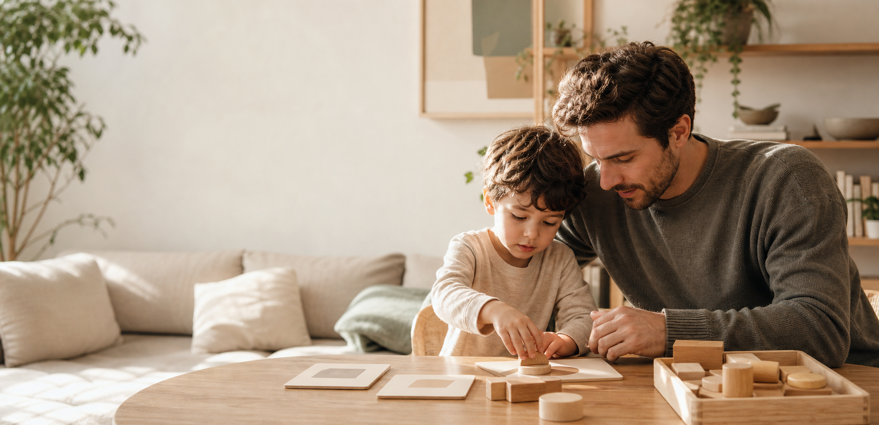 A father and child sharing a focused play moment at home