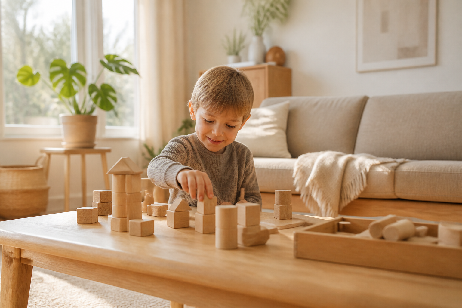 A preschool child building quietly with natural wooden blocks in a calm home